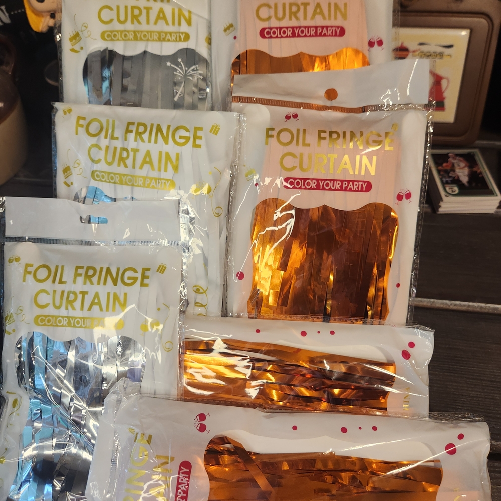 Foil Fringe Curtain Set Of 7, 4 Orange, 3 Silver 5 Ft X 6 Ft Foil Curtain